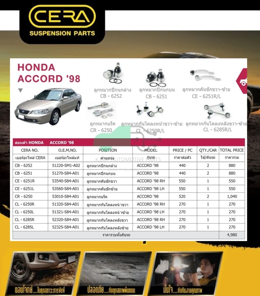 ชุดลูกหมาก(CERA) HONDA ACCORD 98-02 (MADE IN THAILAND) *** มาอุดหนุนสินค้าไทยกันครับ