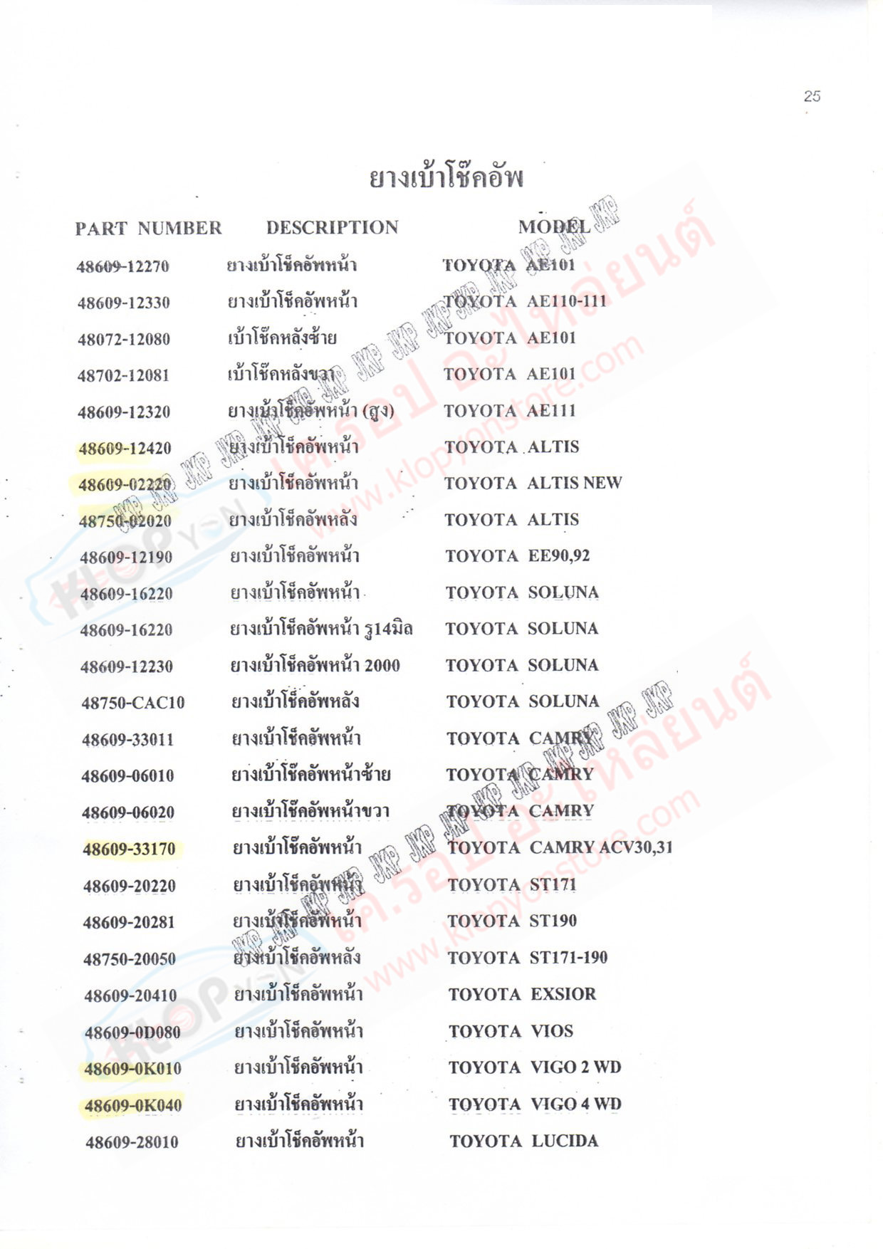 ยางเบ้าโช็คอัพ,เบ้าโช็คอัพ (ยี่ห้อJKP) TOYOTA,NISSAN,MITSUBISHI,MAZDA,HONDA,ISUZU,CHEVRROLET,HYUNDAI,SUZUKI