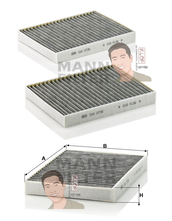 CUK2736-2 ไส้กรองแอร์ชาโคล(BMW) E39, ALPINA B(E39) (มี2ลูก) เครื่องยนต์ M47,M52,M57 (MANN-FILTER***งานพรีเมี่ยมแท้นำเข้ายุโรป) Dimensions(mm.) A=262 B=198 H=32