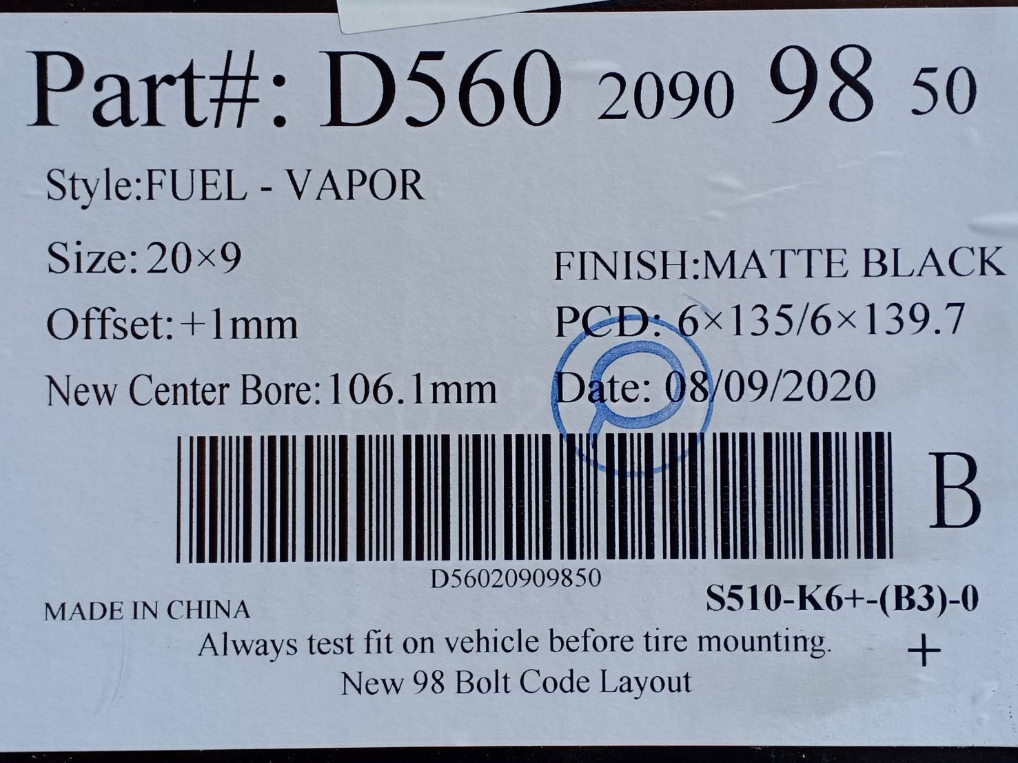 FUEL VAPOR D560 20x9 6x135/6x139.7 ET+1 MATTE BLACK