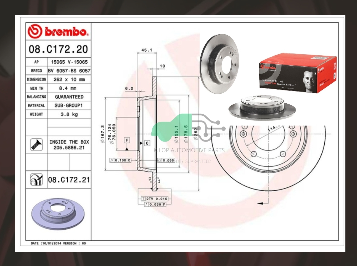 08 C172 21 จานเบรค ล้อ R (ยี่ห้อ BREMBO) HYU VELOSTER 1.6 1.6T, Elantra 11-17