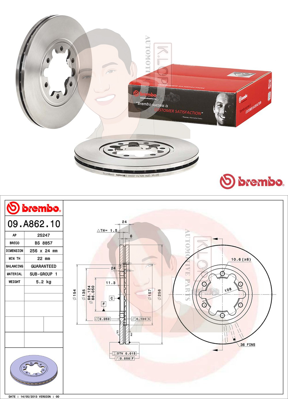 09 A862 10 จานเบรค ล้อ F (ยี่ห้อ BREMBO) รุ่น Std FORD Ranger 4x2 ปี1998-2005/FIGHTER 4x2/BT-50 4x2