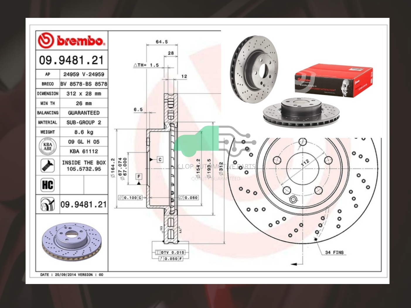 D09 9481 21 จานเบรคหน้า (ยี่ห้อ BREMBO) BENZ SL R230 (280 300 350 500) (เจาะรู )(HC)