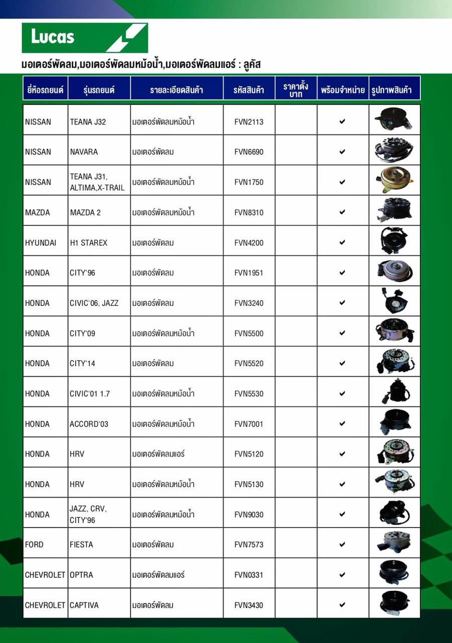 มอเตอร์พัดลมหม้อน้ำ,มอเตอร์พัดลมแอร์ (LUCAS) (NISSAN TEANA J32,NAVARA J31,ALTIMA,X-TRAIL / MAZDA 2 / HYUNDAI H1 STAREX / HONDA CITY,CIVIC,JAZZ,ACCORD,HRV,CRV / FORD FIESTA / CHEVROLET OPTRA,CAPTIVA ) (อัพเดท!! 08-10-2018)