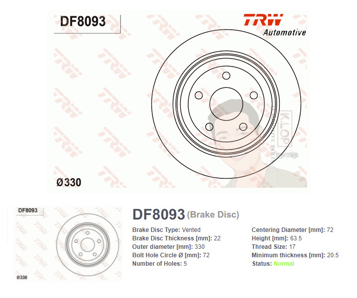 DF8093 จานเบรค-ดรัมเบรค(TRW) JEEP GRAND CHEROKEE 3.6 (WK) V6 4X4 ปี2010> R V