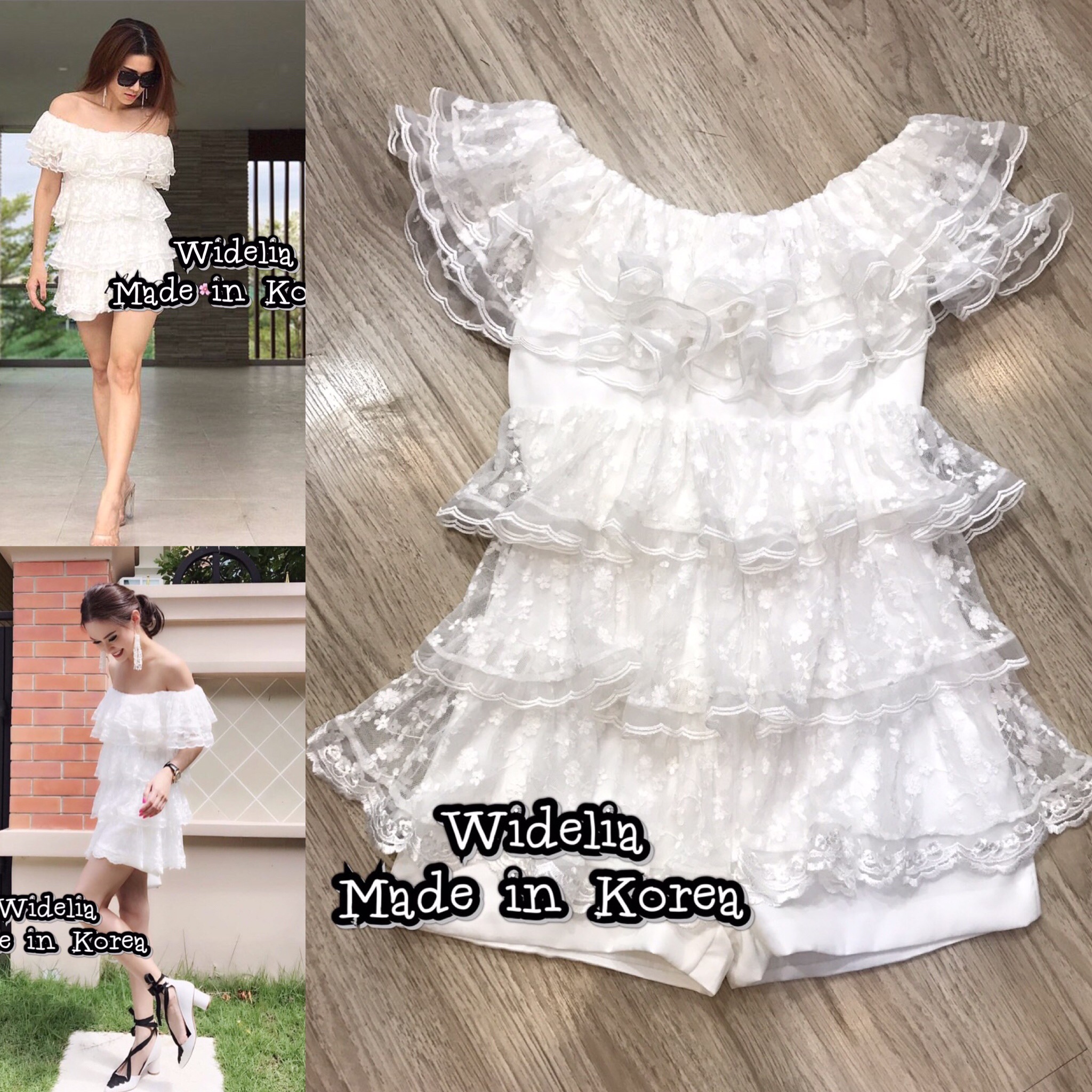 *พร้อมส่ง*Style Korea Playsuit :: จั้มสูทปาดไหล่ตัวสวย แต่งระบายลูกไม้เป็นชั้นทั้งตัวชุด
