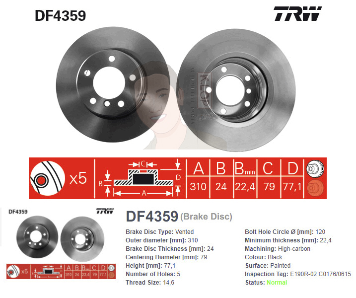 DF4359 จานเบรค-ดรัมเบรค(TRW) BMW E60 520i, 520d, 523i, 525i (M Engine, 192 HP), 525d <BP> ปี2003-2005 F V