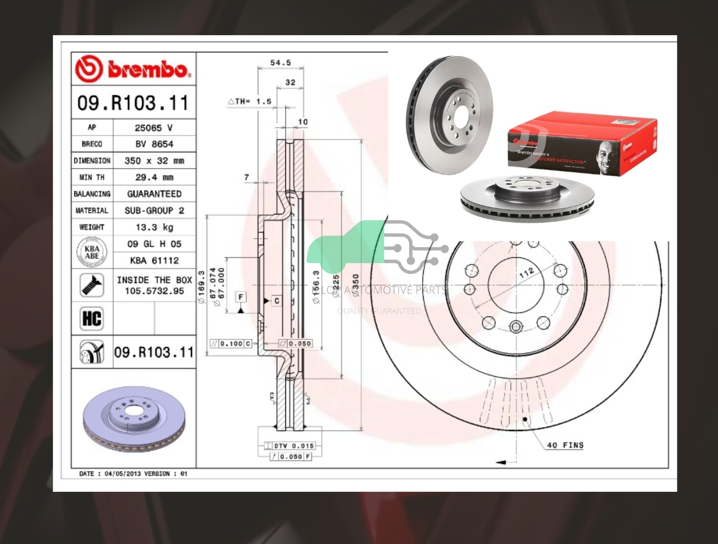 09 R103 11 จานเบรคหน้า (ยี่ห้อ BREMBO) BENZ W164 ML320-500 X164 GL W251 09-12