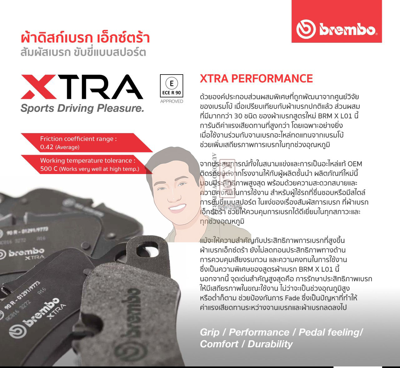 P36 020X ผ้าเบรก (แท้ BREMBO รุ่น Xtra) Volvo S60 I, V70 II (R 2.5T) (Brembo 4 Pot Caliper) 03-07/JAGUAR S-Type XK XJ, CITROEN DS3 (Brembo 4 Pot Caliper)