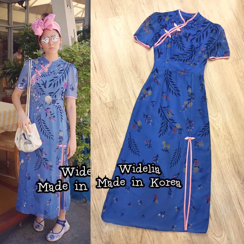 *พร้อมส่ง*SRS.Dress :: เดรสกี่เภ้าสุดเก๋ ดีเทลน่ารักคอจีนแต่งกระดุม ตัวชุดพิมพ์ลายใบไม้