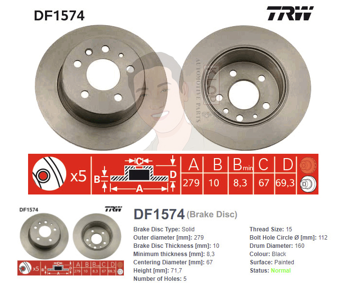 DF1574S จานเบรค-ดรัมเบรค(TRW) BENZ W123 230E ปี1976-1979 /W126 500SEL ปี1980-1993 R S