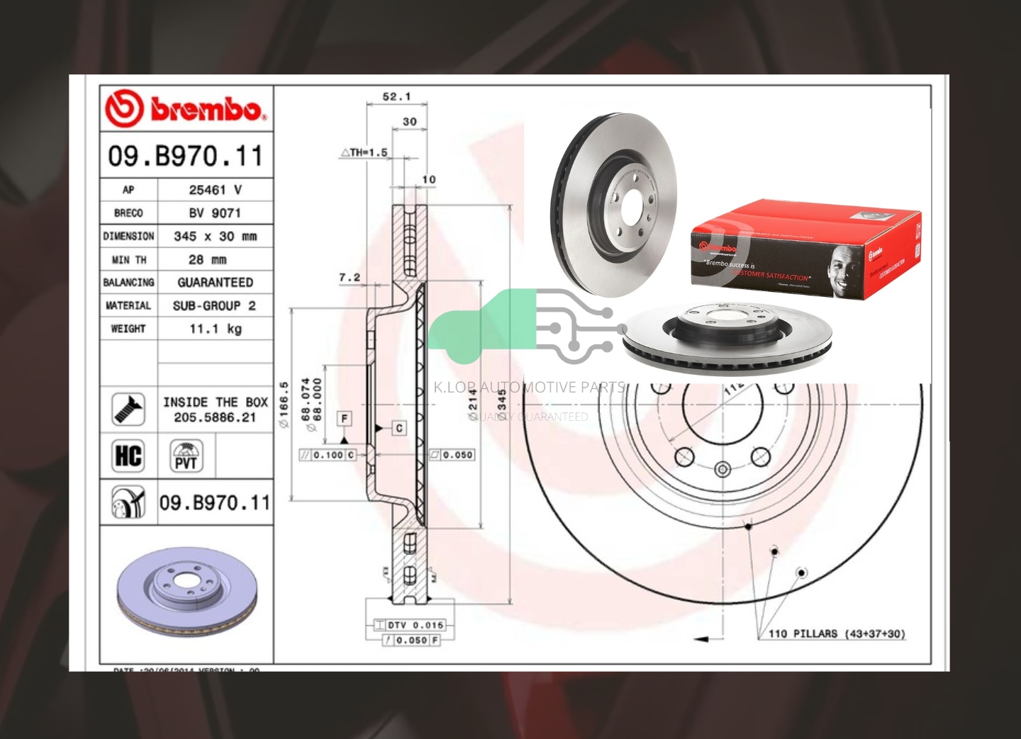 09 B970 11 จานเบรคหน้า (ยี่ห้อ BREMBO) MACAN 95B (2.0 3.0GTS) (HC) 2014- 345 มิล