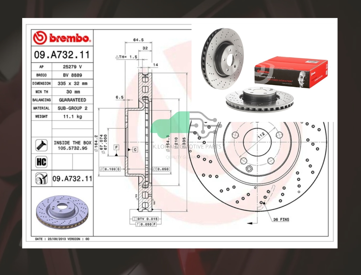 D09 A732 11 จานเบรคหน้า (ยี่ห้อ BREMBO) BENZ S W220 (600), C215 (เจาะรู) (HC) 02-05