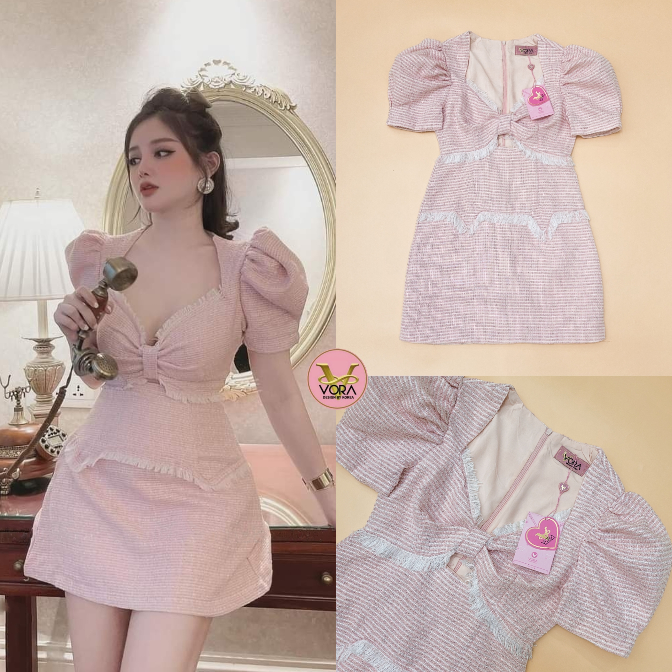 Dress สั้น แขนพอง จับช่วงอกเป็นรูปโบว์ เจาะเว้าใต้อกเล็กน้อย