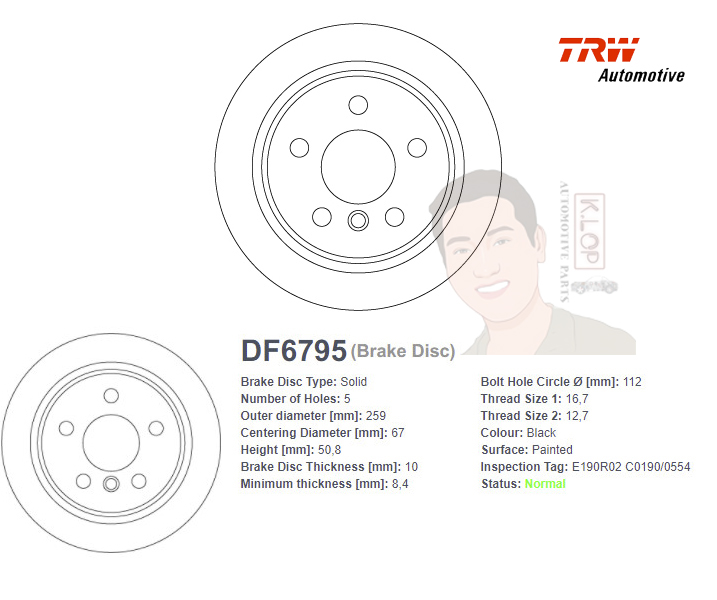 DF6795S จานเบรค-ดรัมเบรค(TRW) MINI F55,56,57 COOPER S,SD ปี2013-ON R S