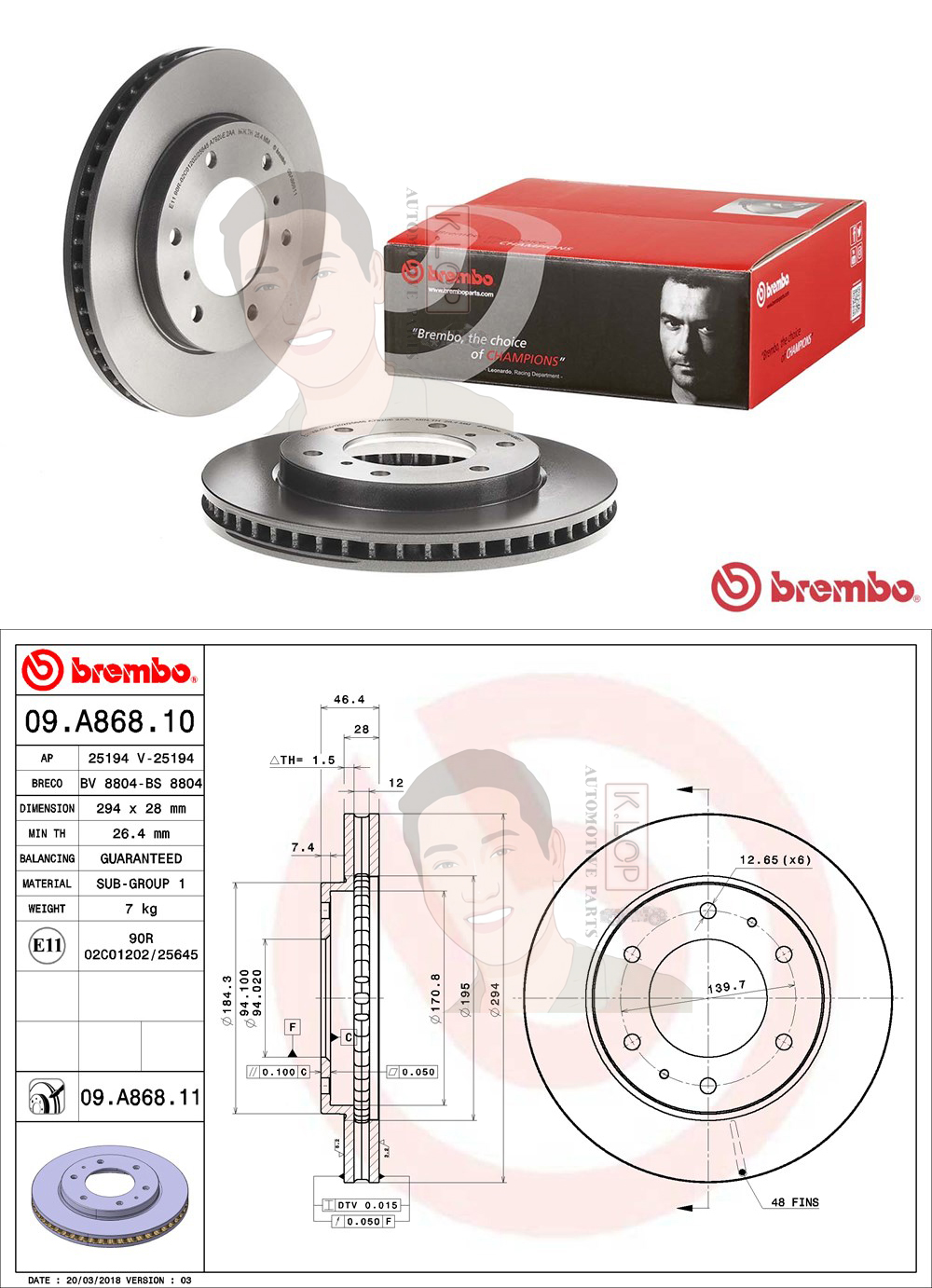 09 A868 11 จานเบรค ล้อ F (ยี่ห้อ BREMBO) รุ่น UV MITSUBISHI Triton Plus 4x2 4x4, Pajero sport ปี2005-2014,2015->