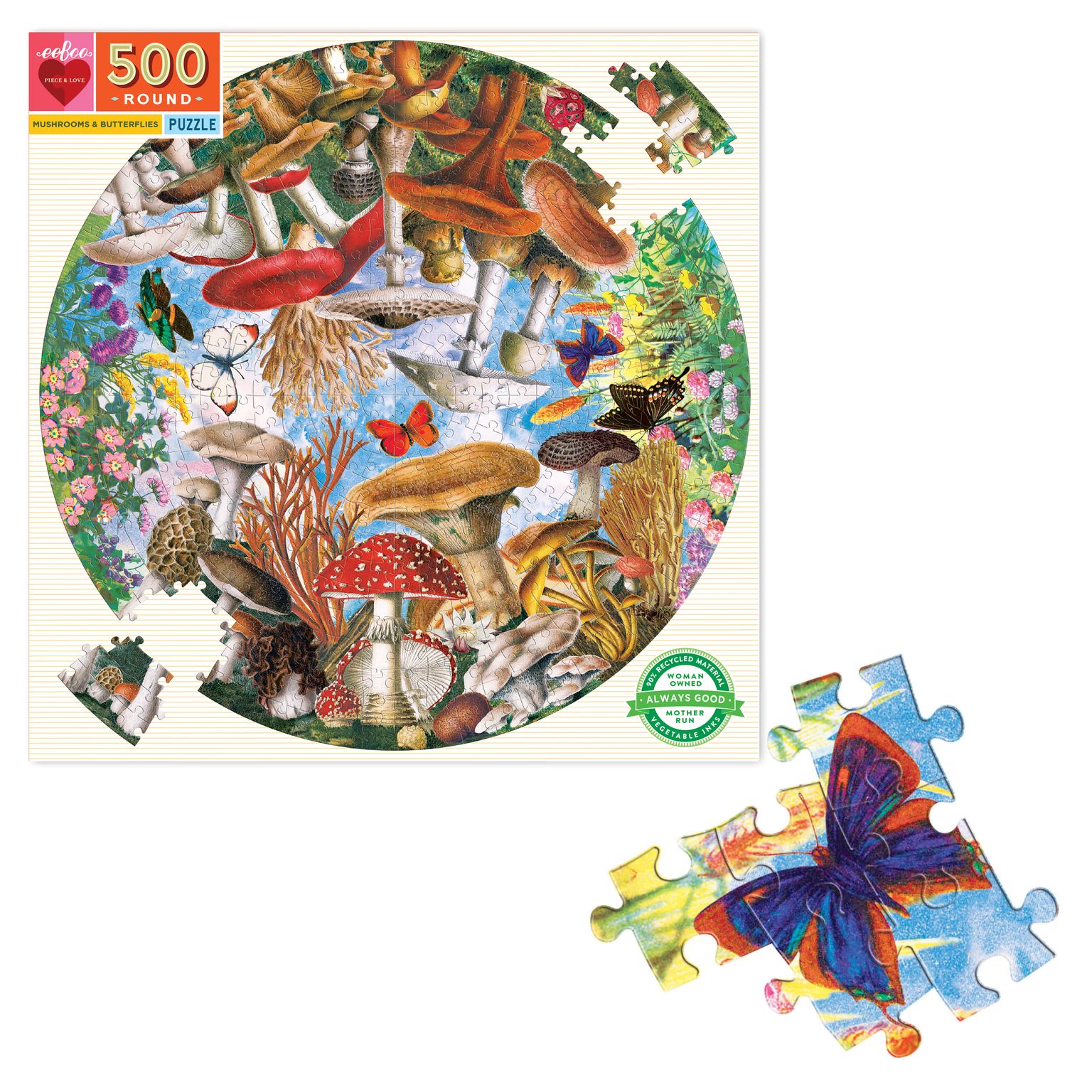 eeBoo - Mushrooms and Butterflies (Round Puzzle) 500 pcs.