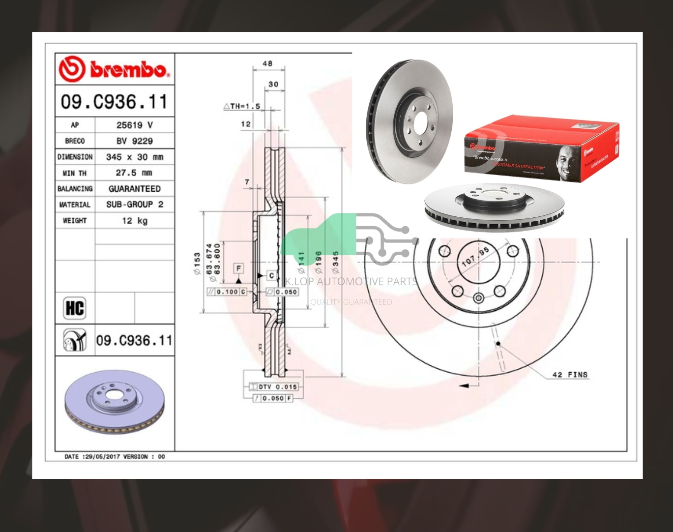 09 C936 11 จานเบรคหน้า (ยี่ห้อ BREMBO) Volvo XC60 II (HC) 2017- 345 มิล