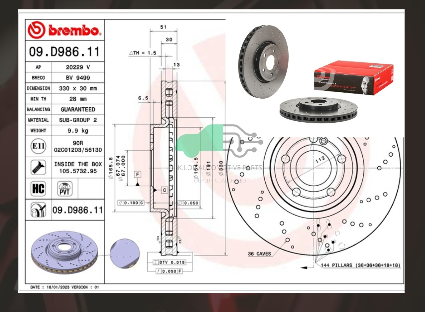 D09 D986 11 จานเบรคหน้า (ยี่ห้อ BREMBO) BENZ AMG GLA H247 ปี20 X247 W177 เจาะรู 2018-