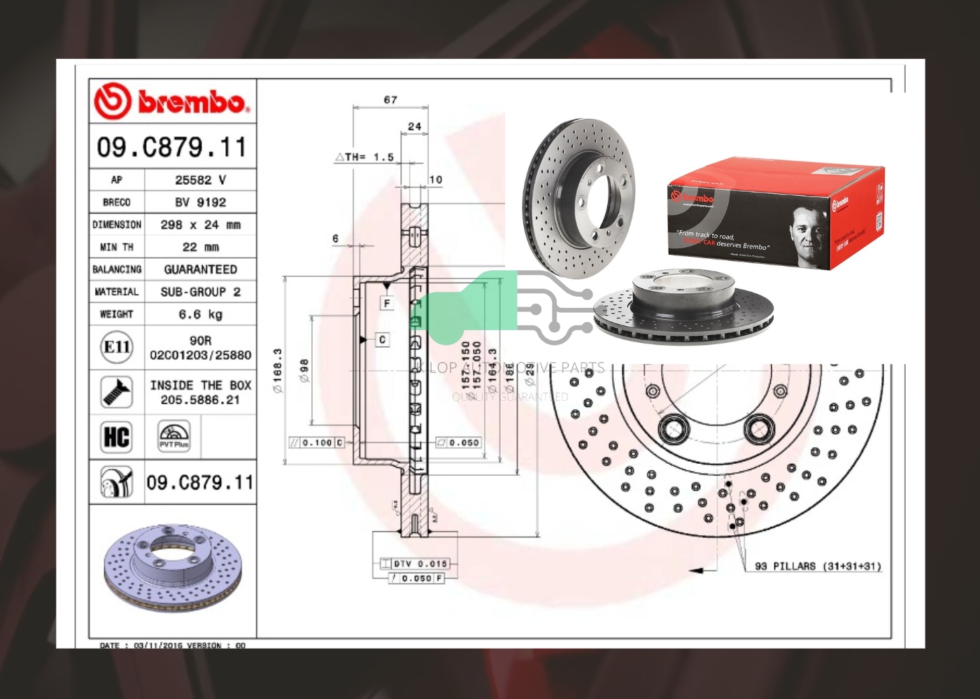 D09 C879 11 จานเบรคหน้า (ยี่ห้อ BREMBO) PORSCHE BOXSTER/ CAYMAN 987 (2.7) (เจาะรู)(HC) 04-13