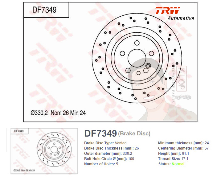 DF7349 จานเบรค-ดรัมเบรค(TRW) BENZ S-CLASS Coupe (จานมีรู) ปี1999-2006 R V