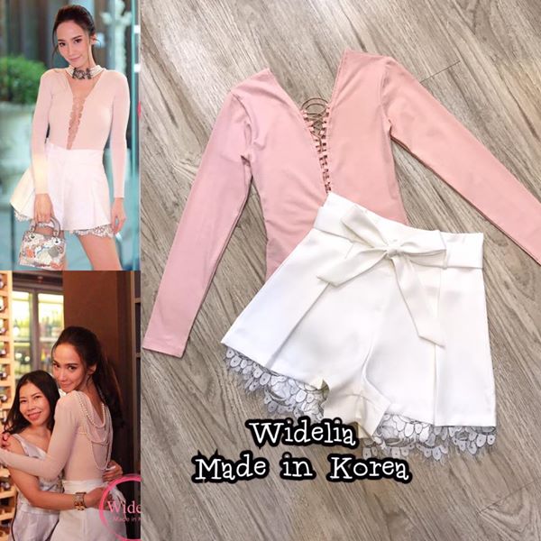 *พร้อมส่ง*Alexander wang Set bodysuit แขนยาวคอวีลึก ด้านหน้าและหลัง ร้อยเชือกไคว้เส้นบางสวย