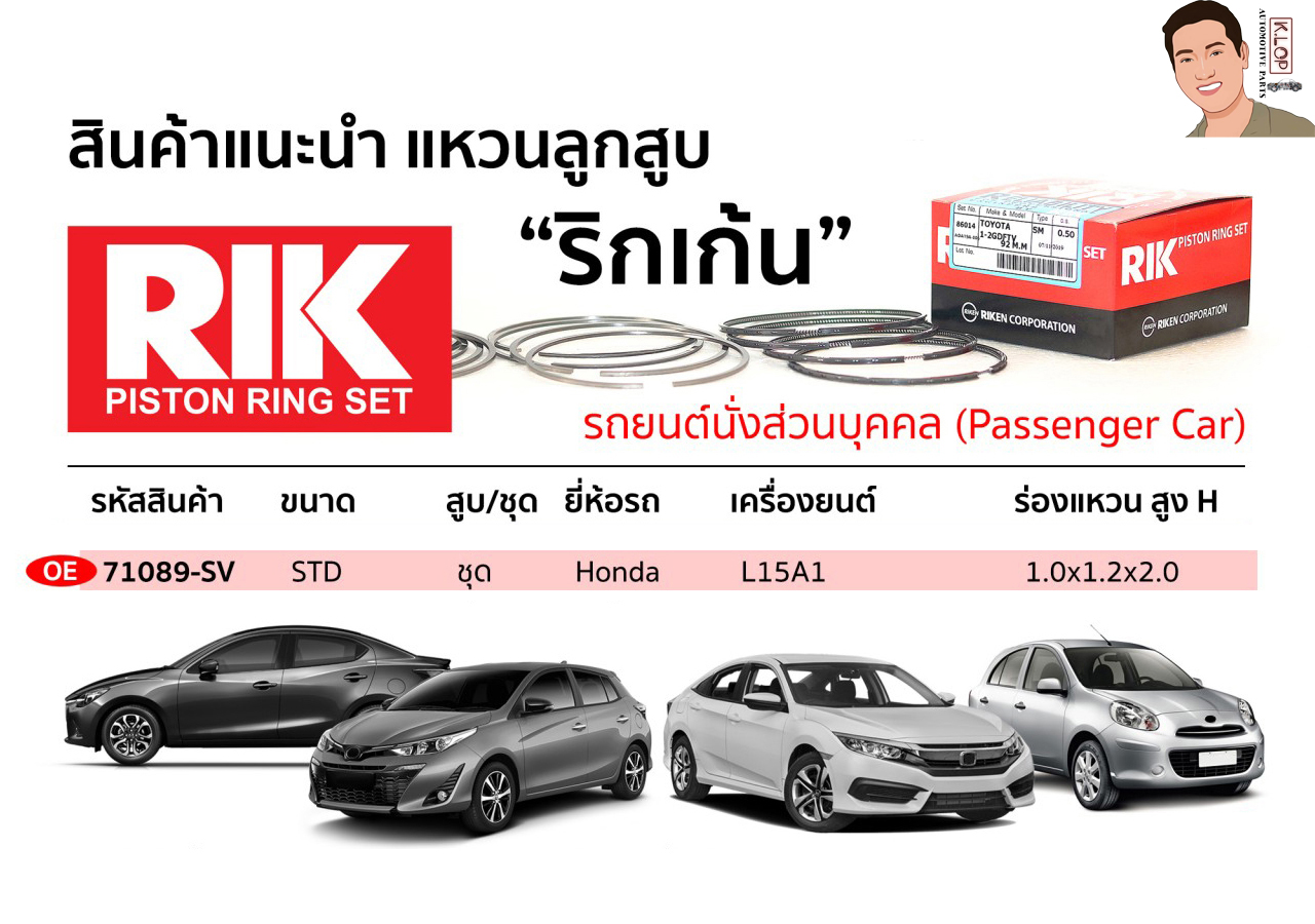 OE 71089-SV แหวนลูกสูบ(RIK-ริกเก้น) ขนาด STD ชุด Honda เครื่องยนต์ L15A1 ร่องแหวน สูง H 1.0x1.2x2.0
