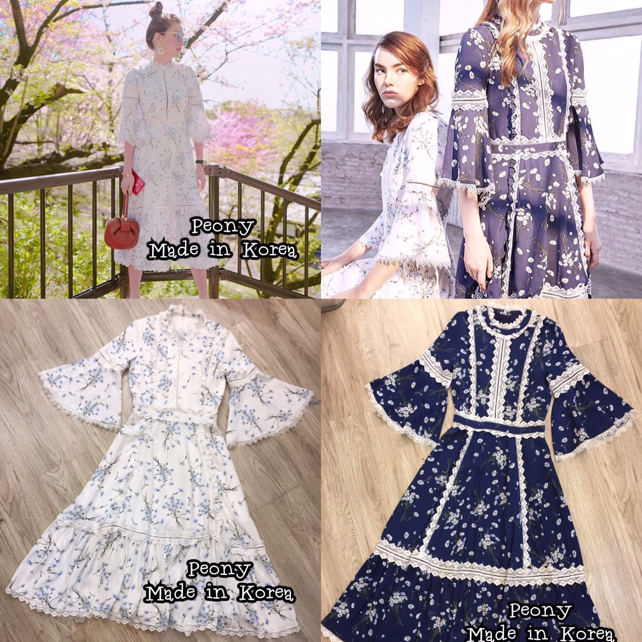 *พร้อมส่ง*Tohns' Dress :: เดรสตัวยาวสวยสพรึง อลังมาก ด้วยลายผ้าสุดหวานลายดอกเดซี่ ช่วงคอแต่งลูกไม้