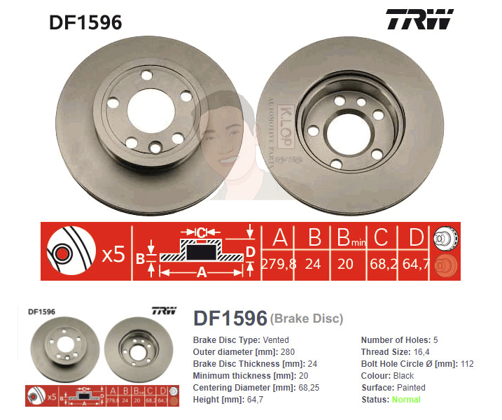 DF1596 จานเบรค-ดรัมเบรค(TRW) VW BUS TRANSPORTER T4 ปี1994 F V