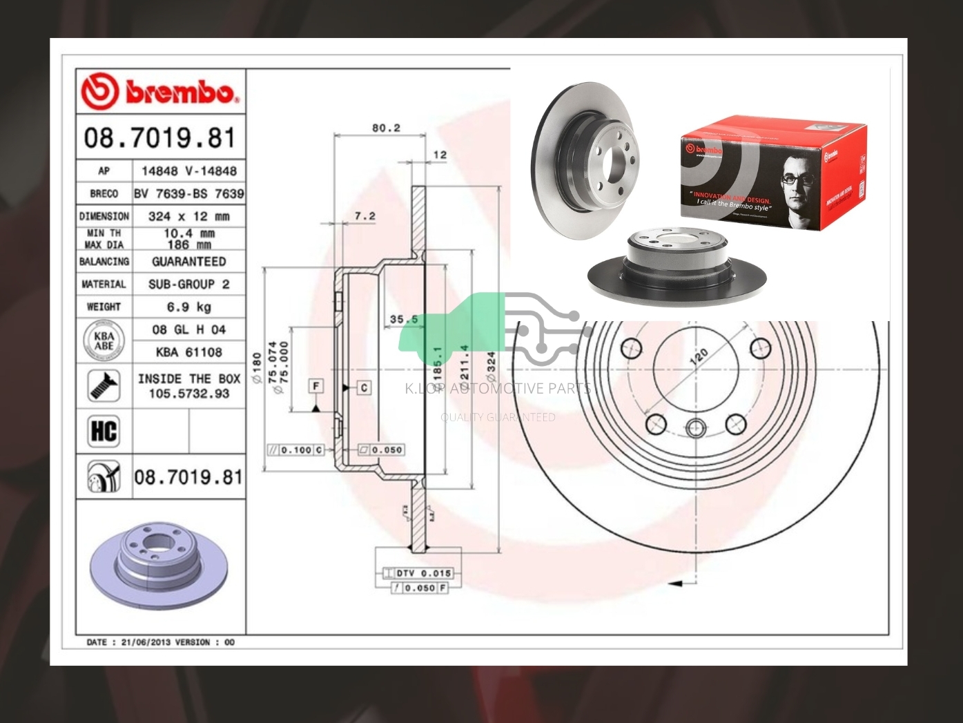 08 7019 81 จานเบรคหลัง (ยี่ห้อ BREMBO) BMW ซีรี่ส์ X5 E53 (3.0 4.4) (HC) 00->
