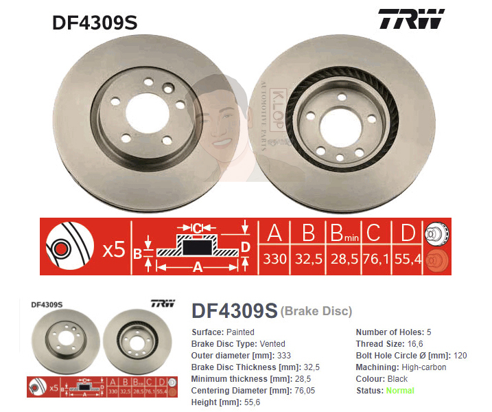DF4309S จานเบรค-ดรัมเบรค(TRW) VW BUS TRANSPORTER T5 3.2 V6 ปี2003-2009 F V