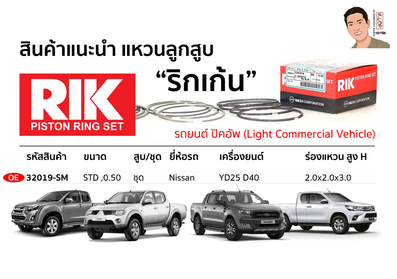 OE 32019-SM แหวนลูกสูบ(RIK-ริกเก้น) ขนาด STD,0.50 ชุด Nissan เครื่องยนต์ YD25 D40 ร่องแหวน สูง H 2.0x2.0x3.0