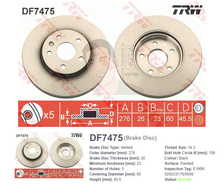 DF7475 จานเบรค-ดรัมเบรค(TRW) CHEVROLET CRUZE 1.6,1.8 ปี2010> F V