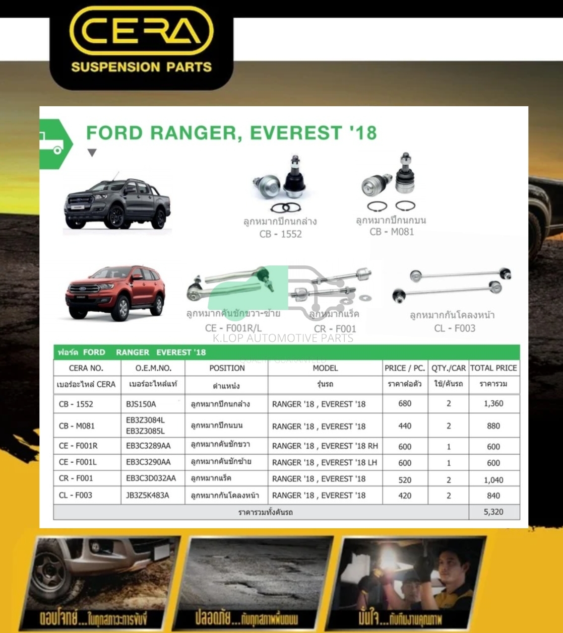 ชุดเปลี่ยนลูกหมากช่วงล่าง (CERA) Ford Everest 2018 (MADE IN THAILAND) *** มาอุดหนุนสินค้าไทยกันครับ