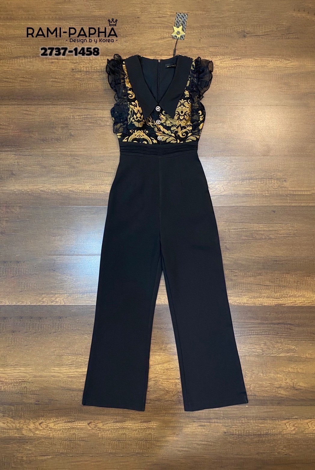 2737-1458 jumpsuit จั๊มสูทคอปกขายาว ด้านบนแต่งผ้าผสมดิ้นทองสวยหรูโดดเด่น