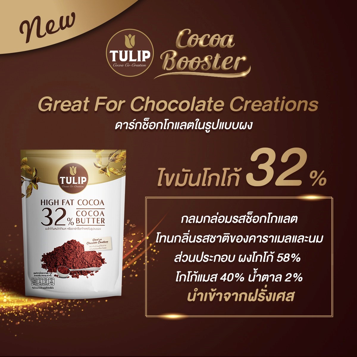 Tulip Cocoa ผงโกโก้ทิวลิป ชนิดไขมันสูง (ผงโกโก้สีน้ำตาลแดงเข้มและผงโกโก้ผสมโกโก้แมส)