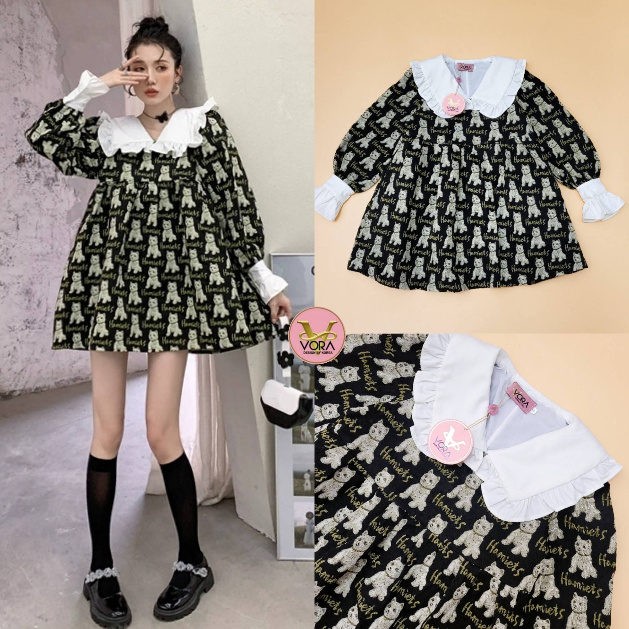 Dress แขนยาวคอปก ปลายแขนจับจีบระบาย ทรง oversize
