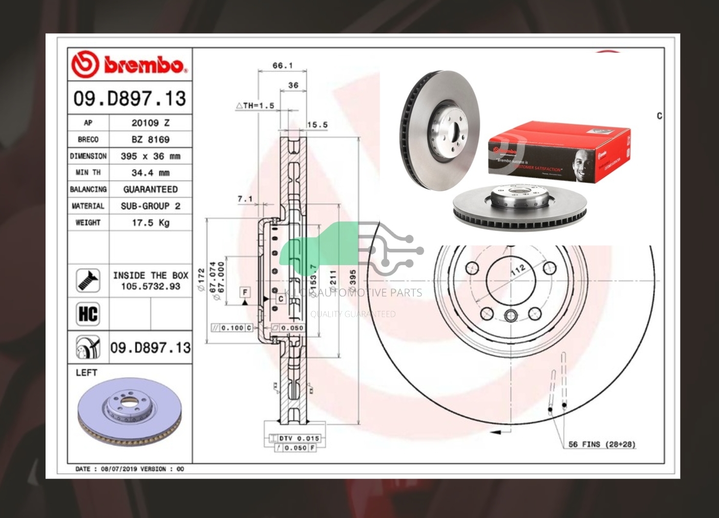 09 D897 13 จานเบรคหน้า (ยี่ห้อ BREMBO) BMW ซีรี่ส์ 7 G12, X5 G05, X6 G06, X7 G07, 8 G15 (HC) 2016-