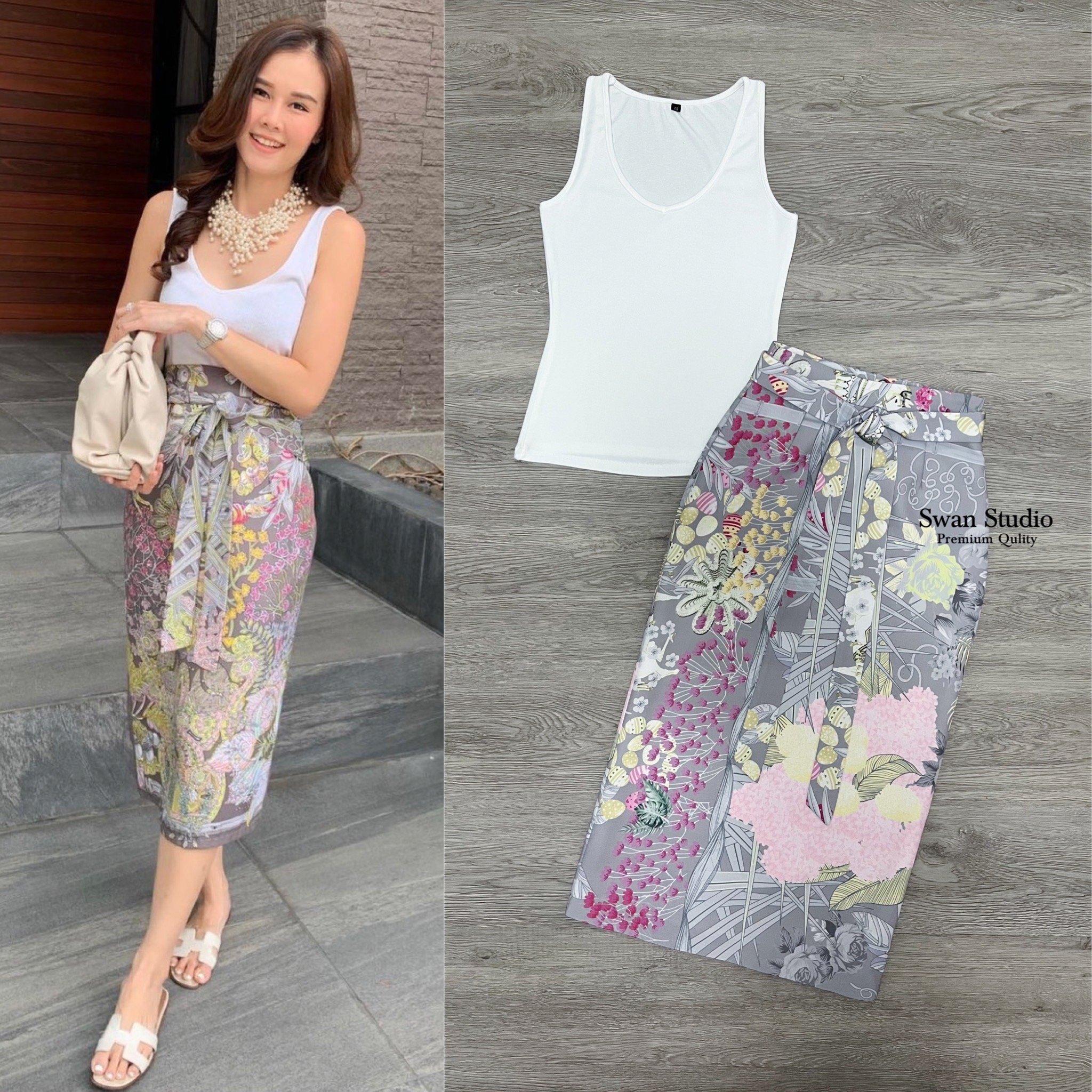 Set เสื้อยืดกล้ามสีขาว มาคู่กับกระโปรงทรงสอบ พิมพ์ลายดิจิดอล