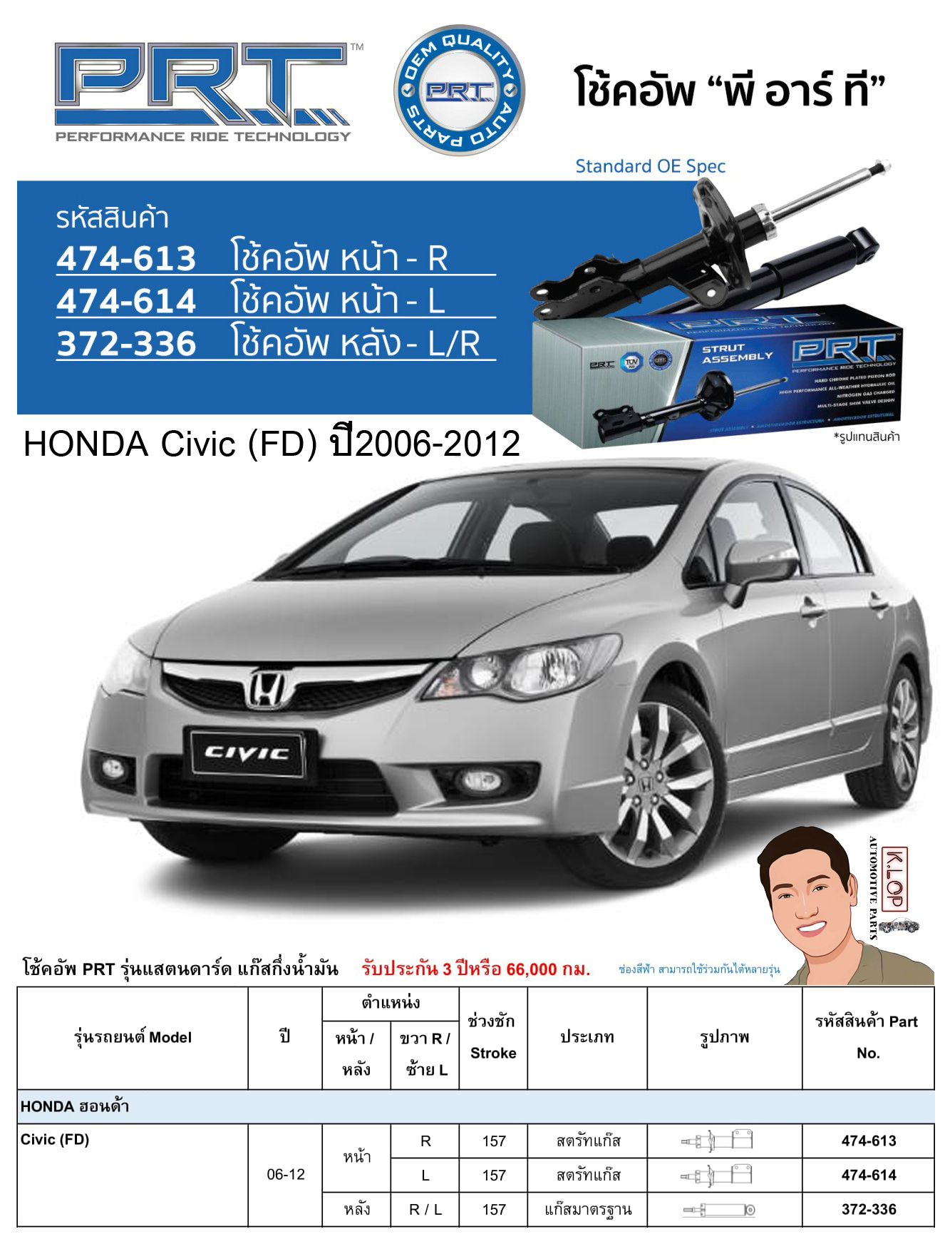 ชุดโช้คอัพ หน้า-หลัง (ยี่ห้อPRT มาตรฐานอเมริกา ประกัน 3 ปี) HONDA Civic (FD) ปี2006-2012