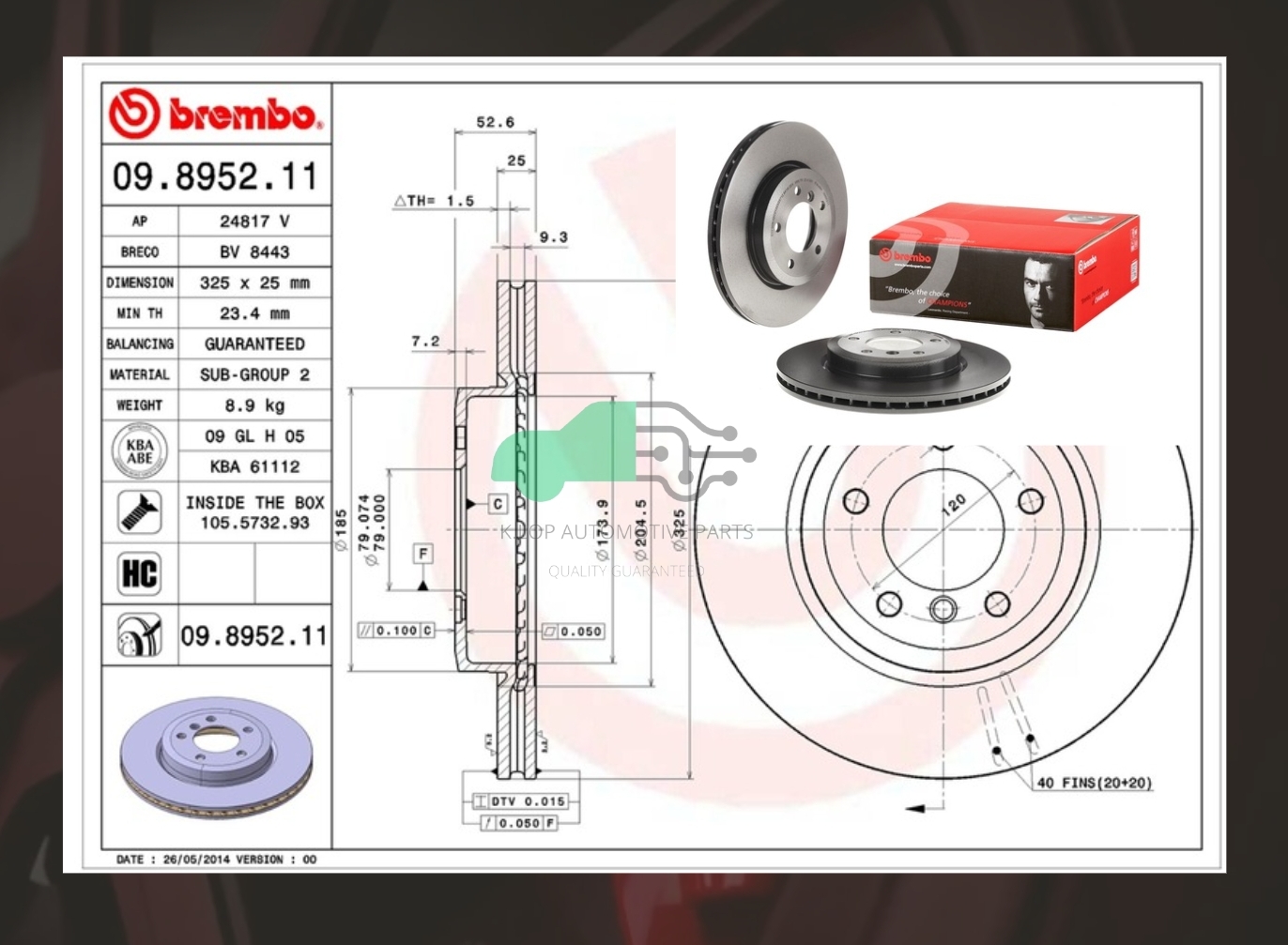 09 8952 11 จานเบรคหน้า (ยี่ห้อ BREMBO) BMW ซีรี่ส์ 3 E46 (330i) (HC) 00-05