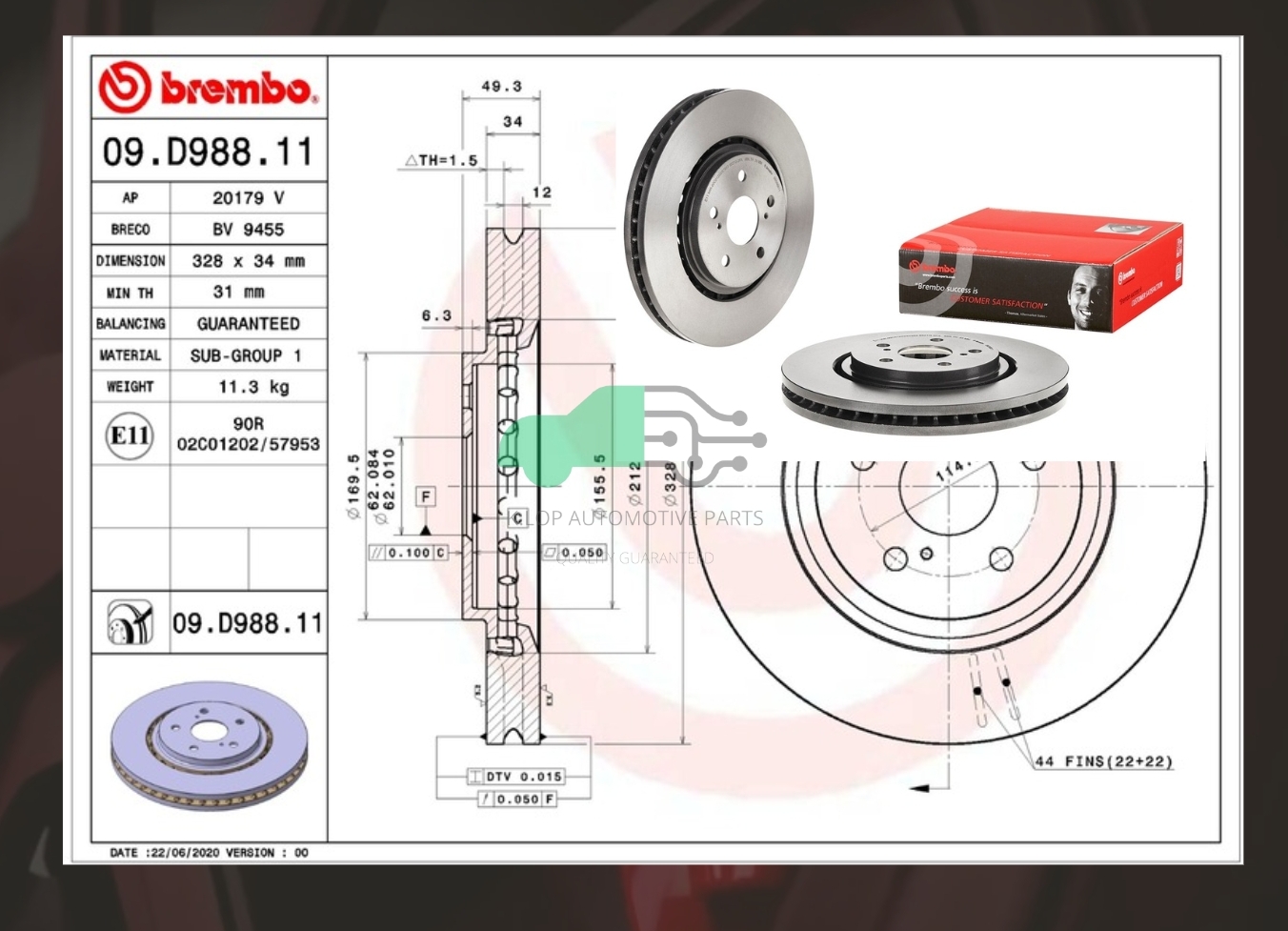 09 D988 11 จานเบรค ล้อ F (ยี่ห้อ BREMBO) รุ่น UV LEXUS RX AGL20-25 ปี15