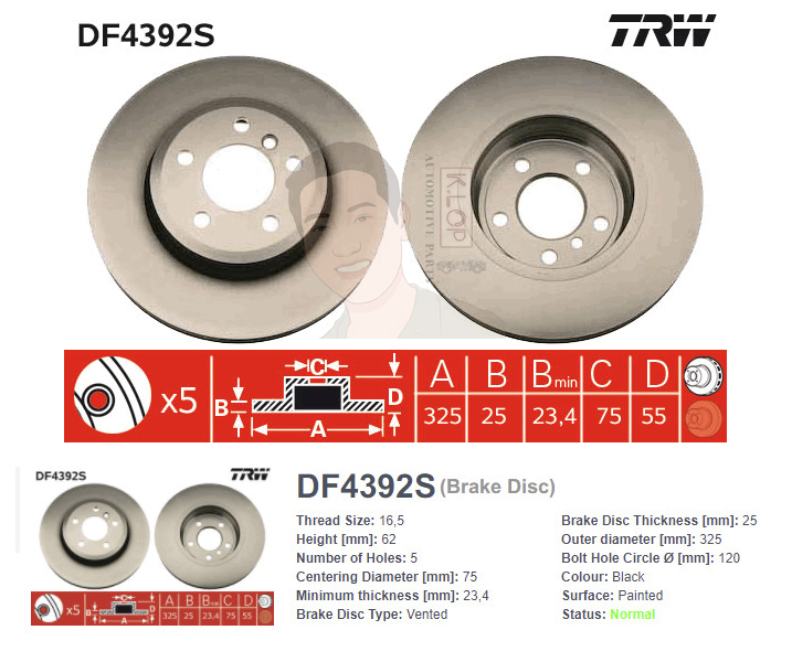 DF4392S จานเบรค-ดรัมเบรค(TRW) BMW X3 E83 2.0d, 2.5i ปี2004-2008 F V