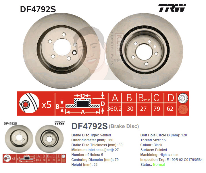 DF4792S จานเบรค-ดรัมเบรค(TRW) LAND ROVER DISCOVERY 4, RANGE ROVER SPORT ปี2009- F V