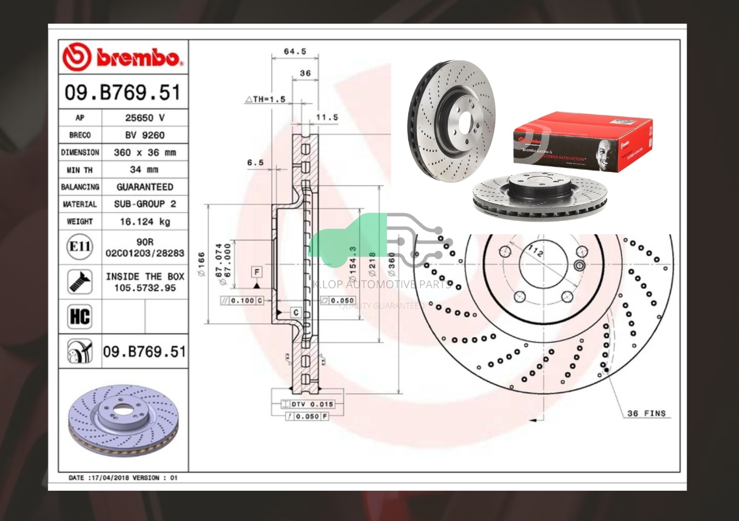 D09 B769 51 จานเบรคหน้า (ยี่ห้อ BREMBO) BENZ 63 AMG W204 W205 W212 W221 เจาะรู (HC)
