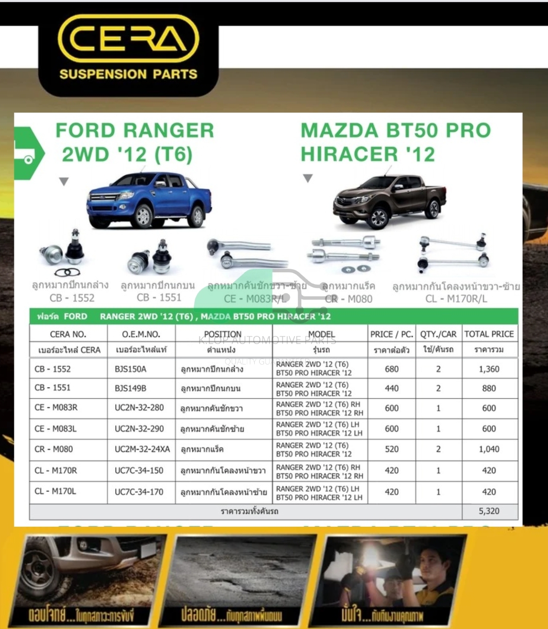 ชุดลูกหมากช่วงล่าง(CERA) Ford Ranger ปี 2012 (2WD) ตัวเตี้ย