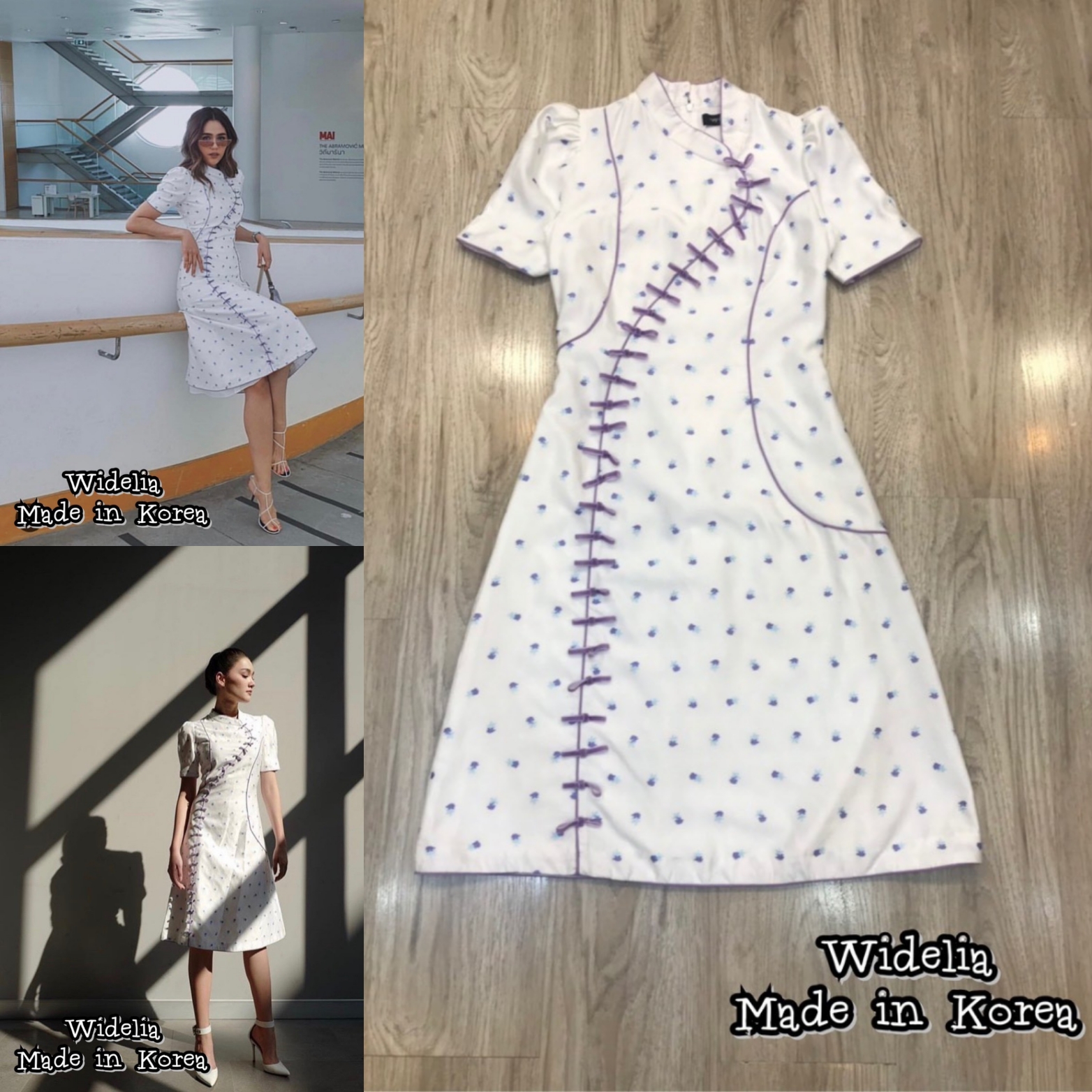 Tohns Dress :: เดรสกี่เภ้าสีขาวแขนพองตัวสวย คอจีนแต่งริบบิ้นผ้ากำมะหยี่สีม่วงยาว
