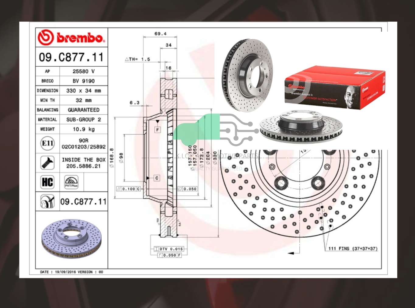 D09 C877 11 จานเบรคหน้า (ยี่ห้อ BREMBO) PORSCHE 911 CARRERA 996 997 (3.4 3.6 3.8) 330 มิล