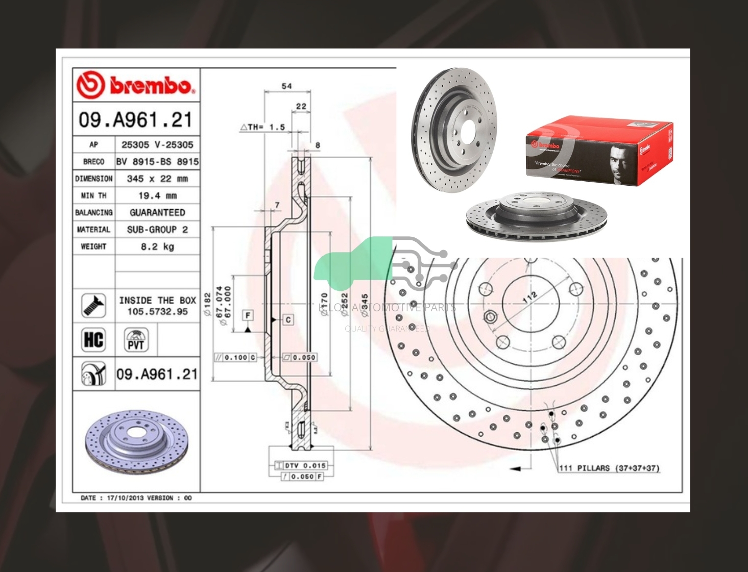 D09 A961 21 จานเบรคหลัง (ยี่ห้อ BREMBO) BENZ W166 ML GLE เจาะรู 12-15