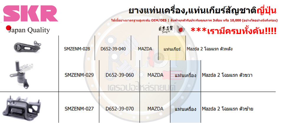 ชุดยางแท่นเครื่อง SKR : OEM JAPAN (MAZDA 2 โฉมแรก)